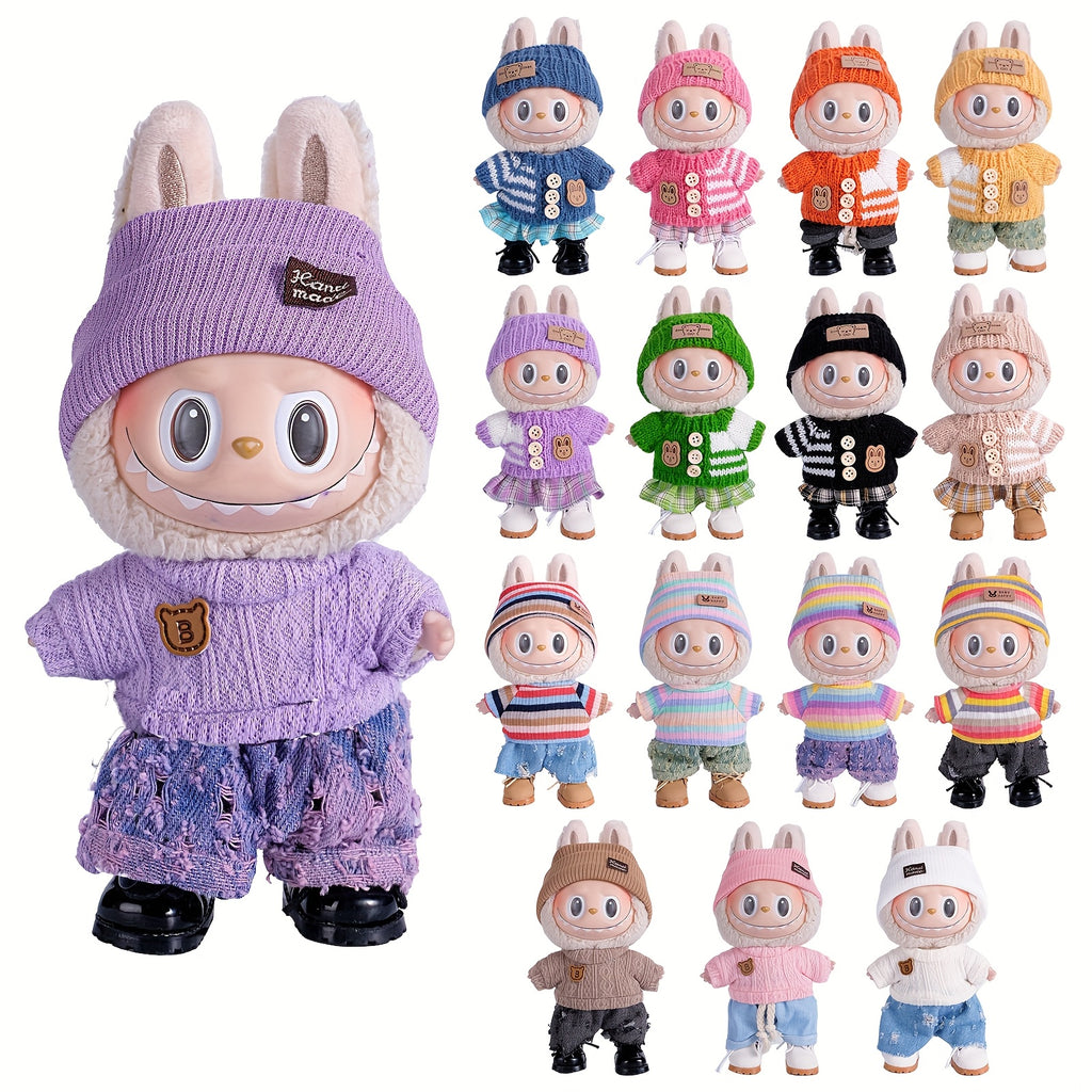 17cm Doll Clothes For Labubu With 3 Outfits - Stylish Fisherman Hat & Sweaters & Pants Or Skirt Set For 17cm Dolls, Adorable Labubu Accessories For Play & Display (Not Included Shoes & Doll)