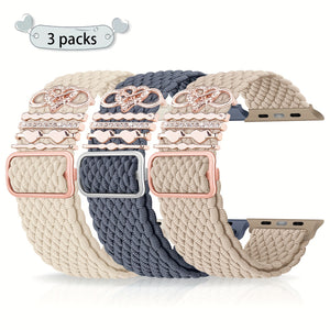 3-Pack Nylon Braided Watch Bands for Apple Watch, Waterproof, Hook & Loop Closure, with 5 Heart Charms, Smartwatch Accessories