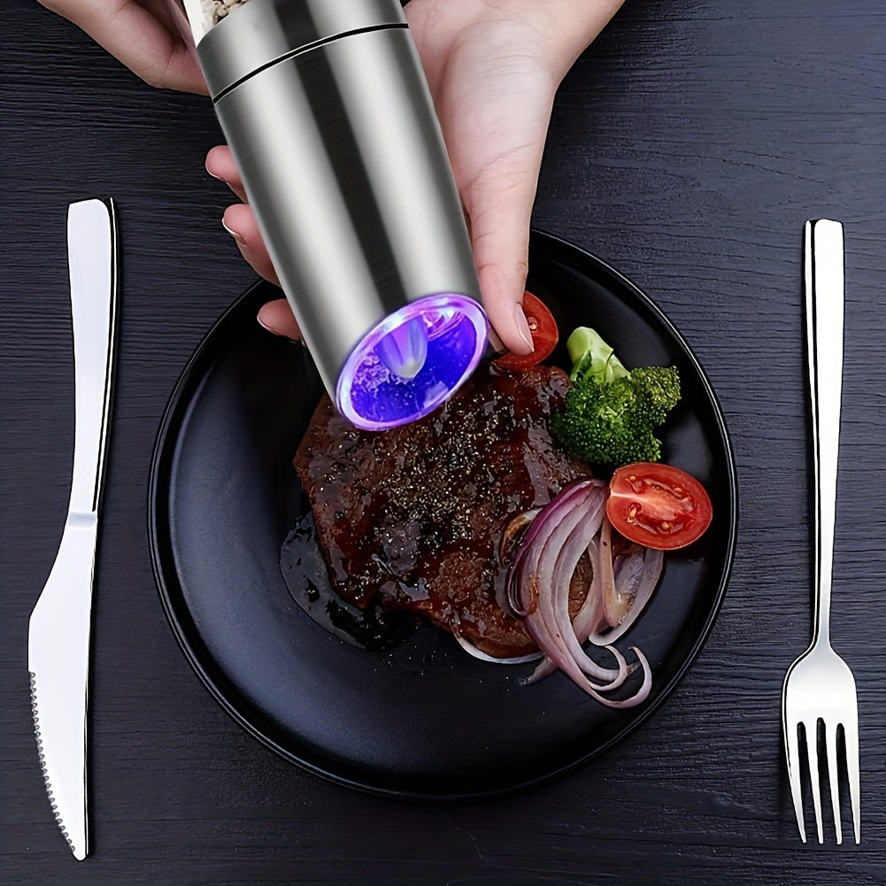 1pc/2pcs Set Gravity Electric Salt and Pepper Grinder, Salt Or Pepper Mill & Adjustable Coarseness, Battery Powered With LED Light, One Hand