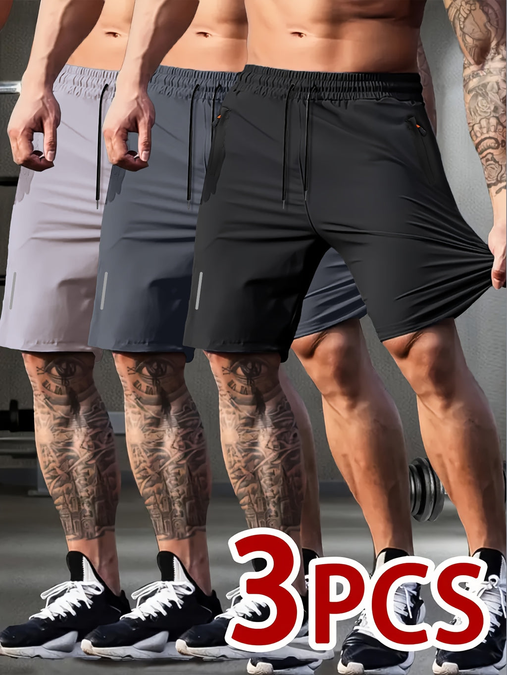 3pcs Men's Quick-Dry Drawstring Shorts with Zipper Pockets - Breathable & Sweat-Wicking, Ideal for Gym, Training, Cycling, Hiking & Swimming - Comfortable Stretch Fabric, Lightweight for Summer Activities