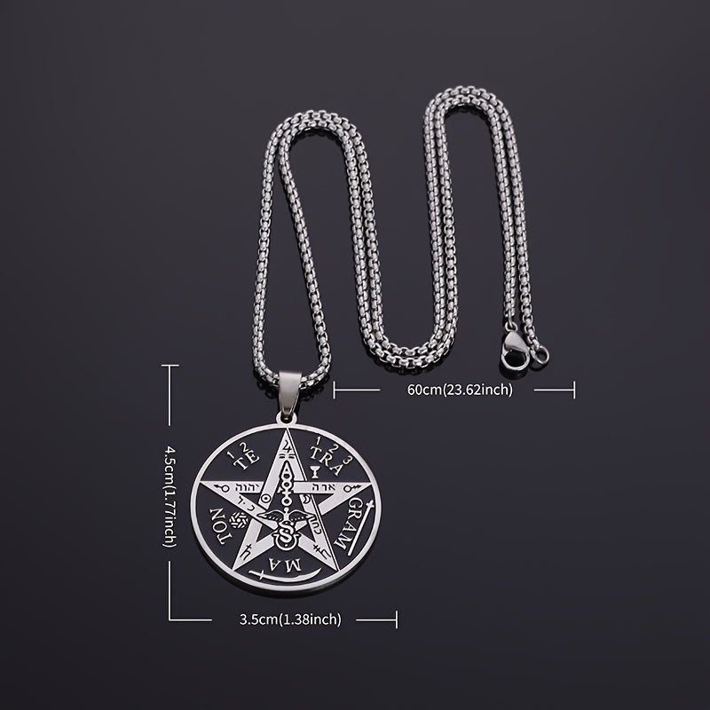 1pc Stainless Steel Angel Amulet Disc Pentagram Seal Label Symbol Graphic Pendant Necklace, Trendy Amulet Jewelry For Men And Women