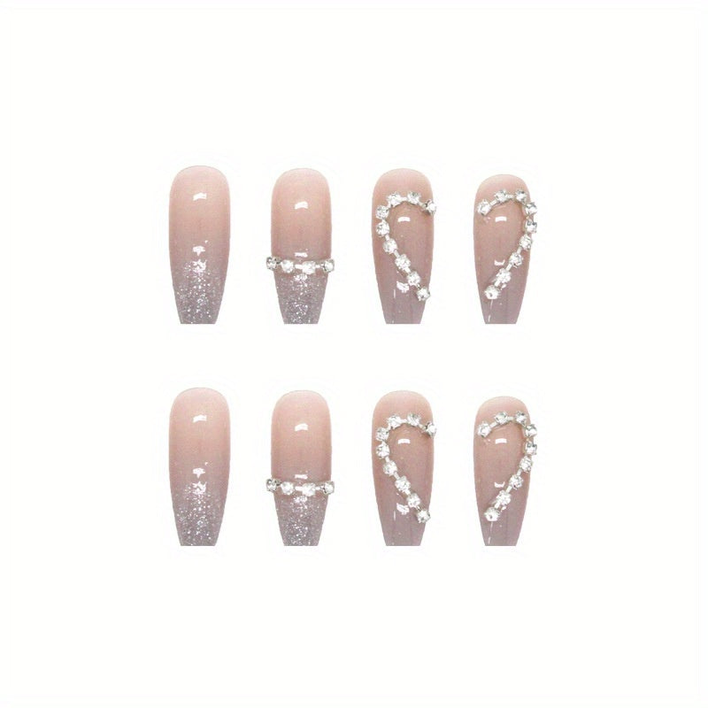 24pcs Heart Design Press On Nails with Rhinestones - Long Coffin Fake Nails for Women, Girls, and Men - Full Glue On Acrylic Artificial Nail