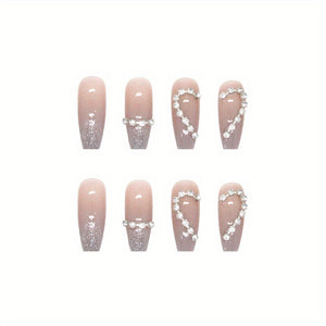 24pcs Heart Design Press On Nails with Rhinestones - Long Coffin Fake Nails for Women, Girls, and Men - Full Glue On Acrylic Artificial Nail