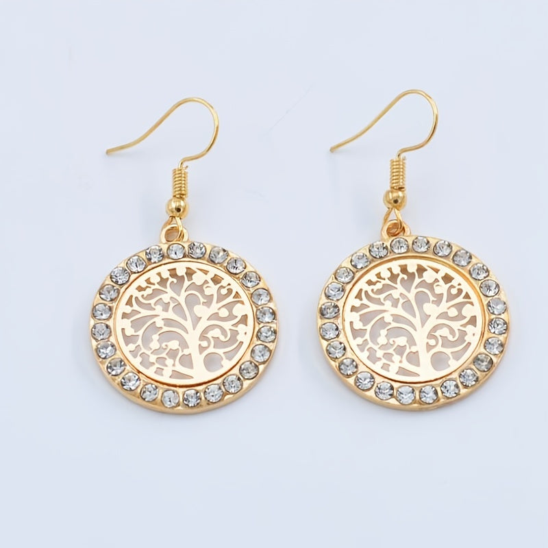 Tree of Life Inlaid Zircon Drop Dangle Earrings Personality Ladies Charm Crystal Jewelry 1Pair