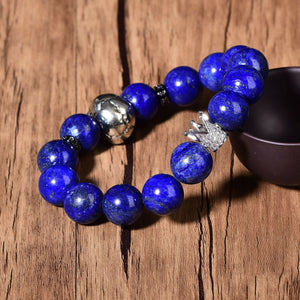 Blue Lazurite Quartz Bracelet Reiki Lapis Skull Healing Crystal Crown 14 Beads