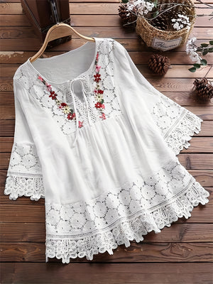 Elegant Plus Size V-Neck Blouse with Lace Accents - Casual, Breathable, Season-Ready