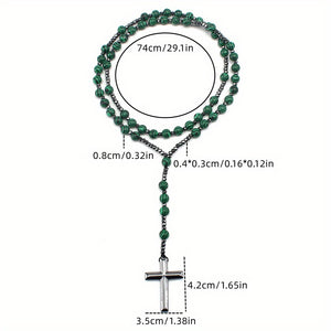 1pc Fashion Retro Style Jewelry, Natural Stone Round Beads Malachite Hematite Cross Religious Rosary Beads Men's Long Necklace, For Daily We