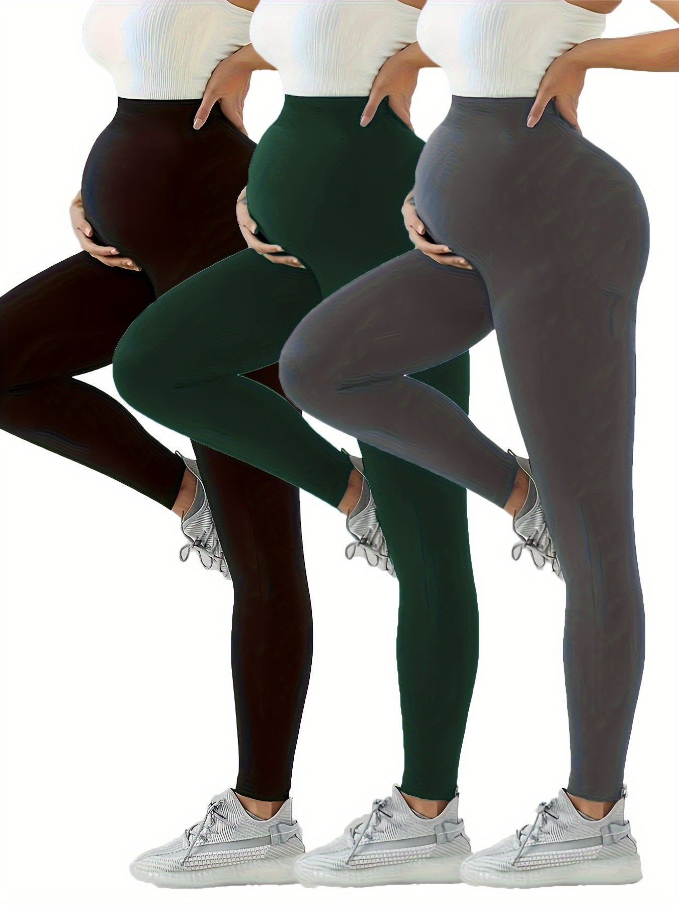 3pcs Women's High-Waist Maternity Leggings - Stretchy, Slim Fit Yoga & Sports Pants for Pregnant Women