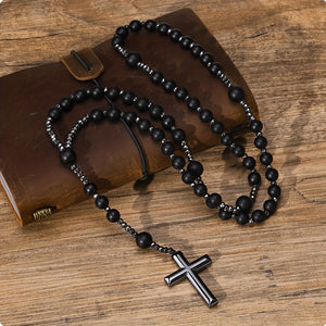 1pc Natural Stone 8mm Tiger Eye Stone Rosary Black Gallstone Cross Men's Raw Stone Necklace