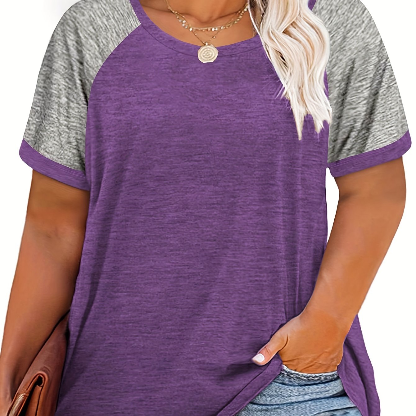 Plus Size Casual T-shirt, Women's Plus Colorblock Short Sleeve Round Neck Slight Stretch T-shirt