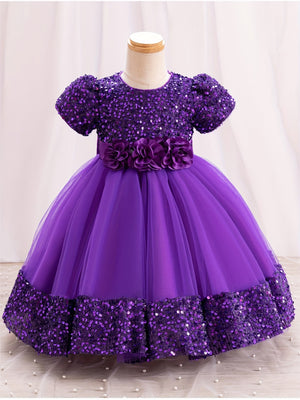 Sparkling Sequin Princess Tutu Dress for Girls - Midi, Belted, Puff-Sleeve with Comfort Viscose Lining, Perfect for Spring-to-Fall