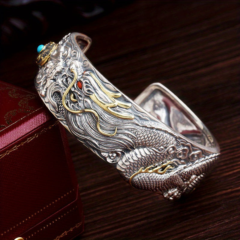 Carved Dragon Beast Open Bracelet, Classic Exquisite Retro Domineering Wrist Accessories For Men