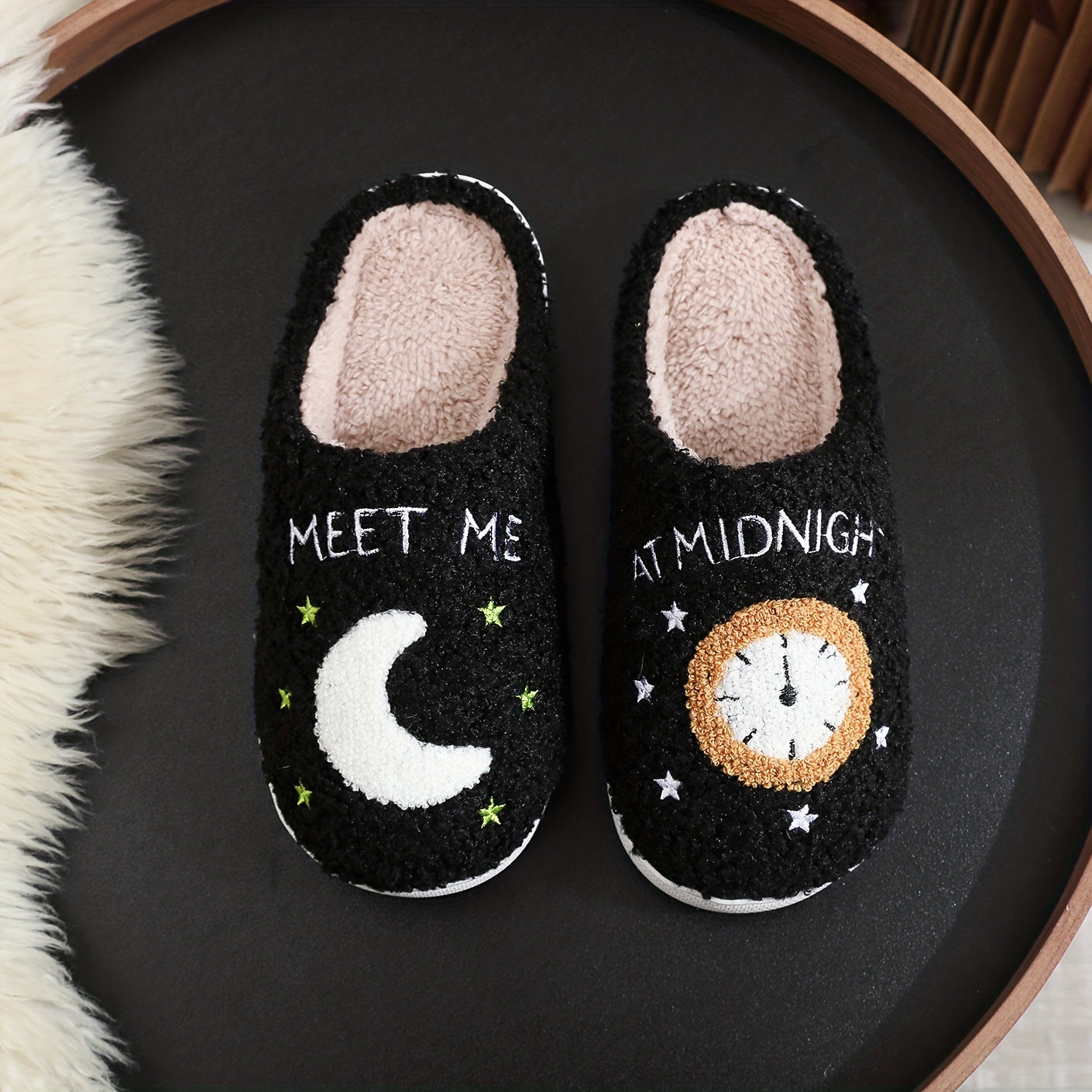 Adorable Moon Clock MEETMEATMIDNIGHT Plush Slippers