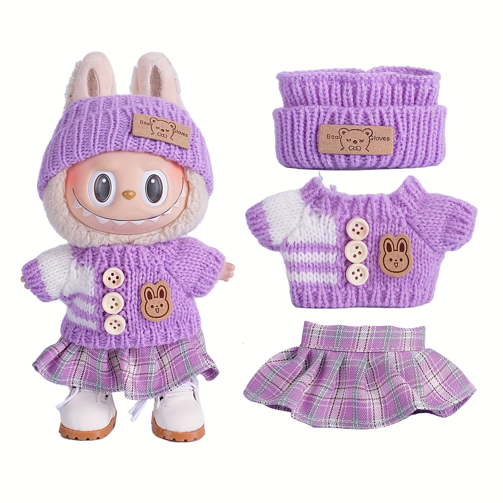 17cm Labubu Doll Clothes For With 3 Outfits - Stylish Fisherman Hat & Sweaters & Pants Or Skirt Set For 17cm Dolls, Adorable BuLabu Accessories For Play & Display (Not Included Shoes & Doll)