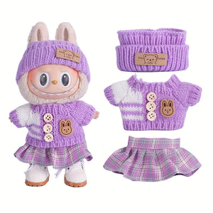 17cm Labubu Doll Clothes For With 3 Outfits - Stylish Fisherman Hat & Sweaters & Pants Or Skirt Set For 17cm Dolls, Adorable BuLabu Accessories For Play & Display (Not Included Shoes & Doll)