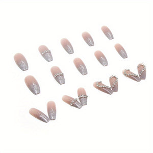 24pcs Heart Design Press On Nails with Rhinestones - Long Coffin Fake Nails for Women, Girls, and Men - Full Glue On Acrylic Artificial Nail