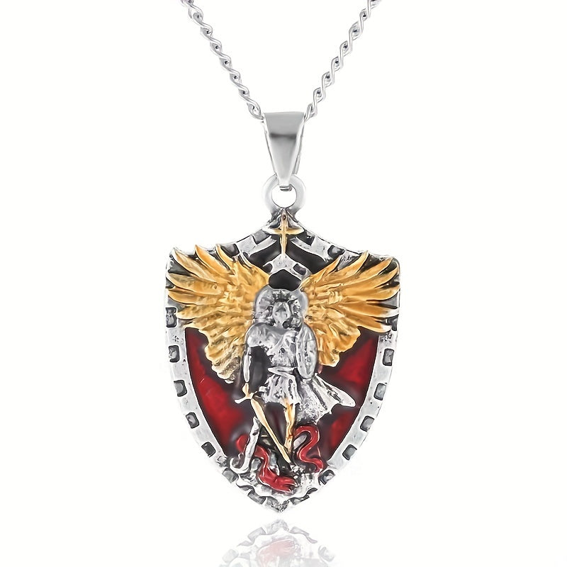 Stainless Steel Necklace For Men Warrior Guardian Holy Angel Saint Michael Pendant Necklace Men Knight Shield Necklace Jewelry Gift