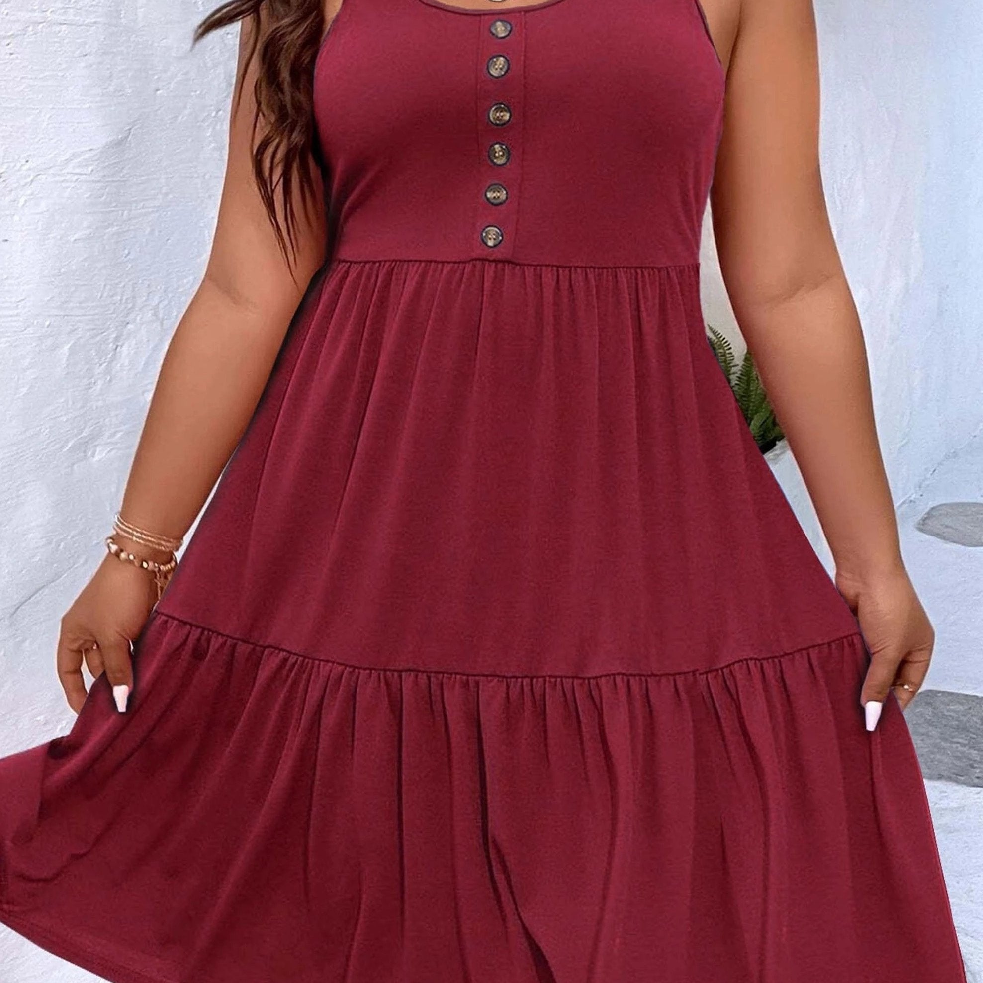 Plus Size Casual Loungewear, Women's Plus Ruffled Hem Button Detail Medium Stretch Comfort Tank Dress