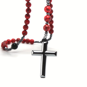 Cross-border Export Natural Stone 8mm Red Pine Stone Black Agate Black Gallstone Cross Rosary Necklace For Men Long Chain