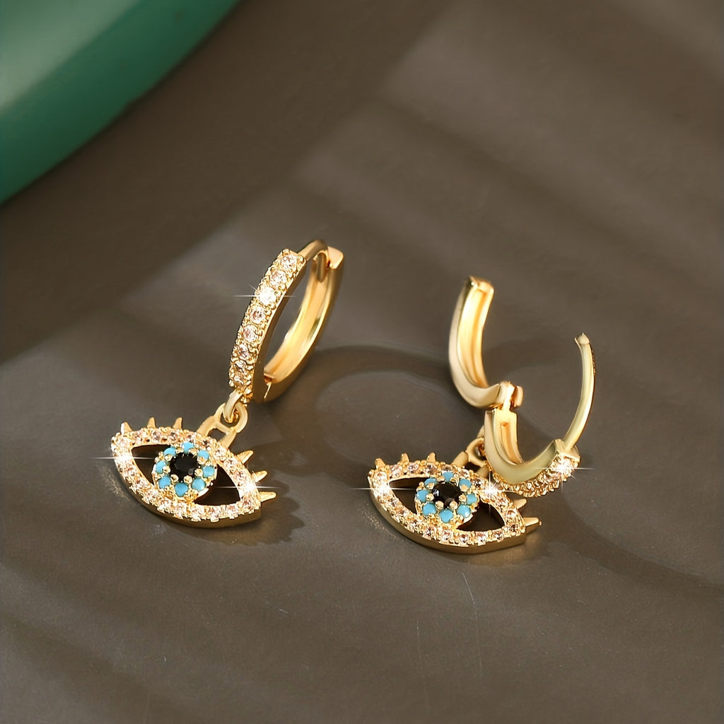 Luxurious Hip-Hop Eye Pendant Earrings with Sparkling Cubic Zirconia, 14K Gold Plated Copper - Funky Rocker Style, Ideal Gift for Men