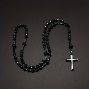 1pc Natural Stone 8mm Tiger Eye Stone Rosary Black Gallstone Cross Men's Raw Stone Necklace