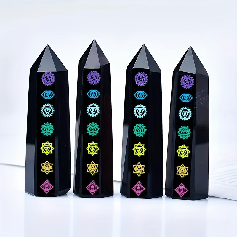 Black Obsidian Seven Main Chakras Symbolic Crystal Tower Healing Crystal The Seven Chakras Wand For Spiritual Use Hexagonal Point Reiki Chakra Gemsone Home Office Decoration