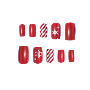 24pcs Glossy Medium Square Fake Nails, Christmas Press On Nails With Red White Stripe And Snowflake Design, Full Coverage False Nails For Wo