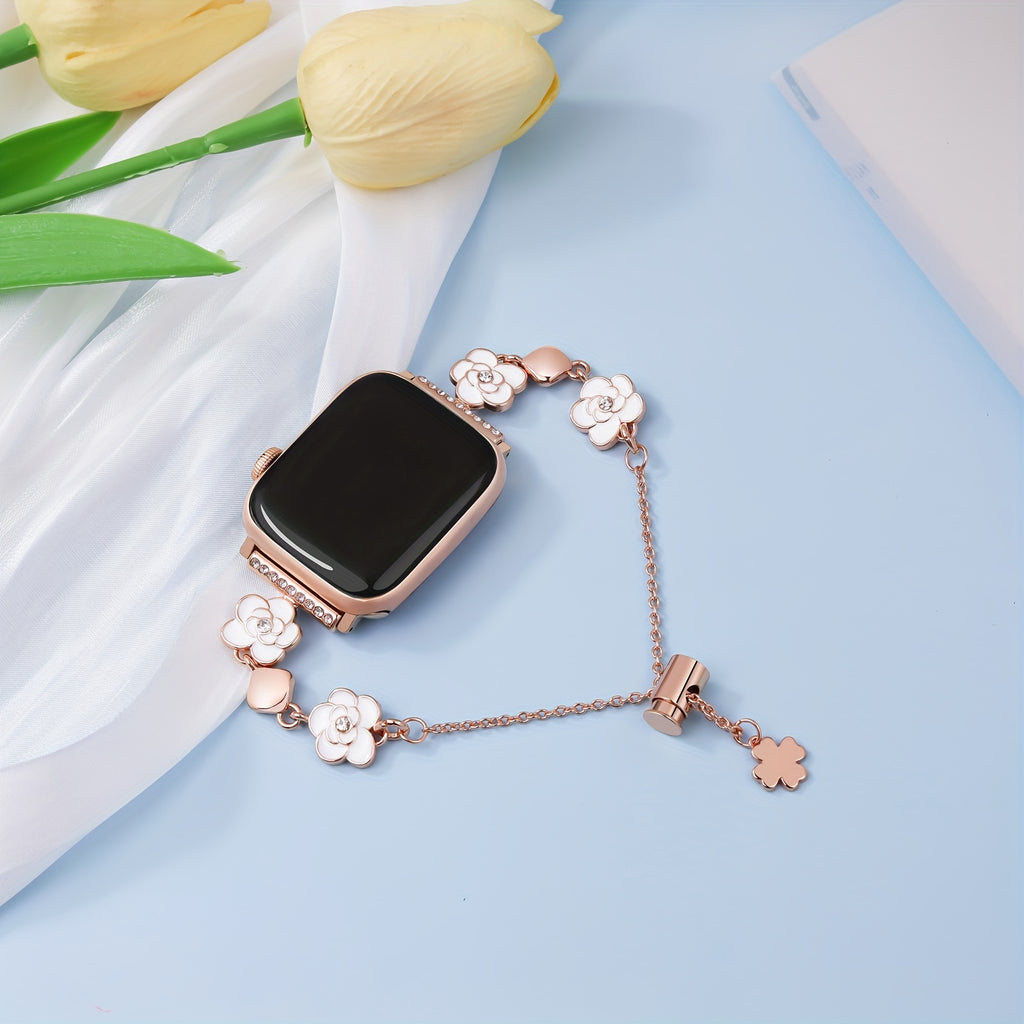 Fashion Strap For IWatch Watch Strap 38mm 40mm 41mm 42mm 44mm 45mm 49mm Replacement Strap With Unique Camellia Design IWatch Series 9 8 7 6 5 4 3 2 1 SE Metal Chain Women'S Strap Replacement