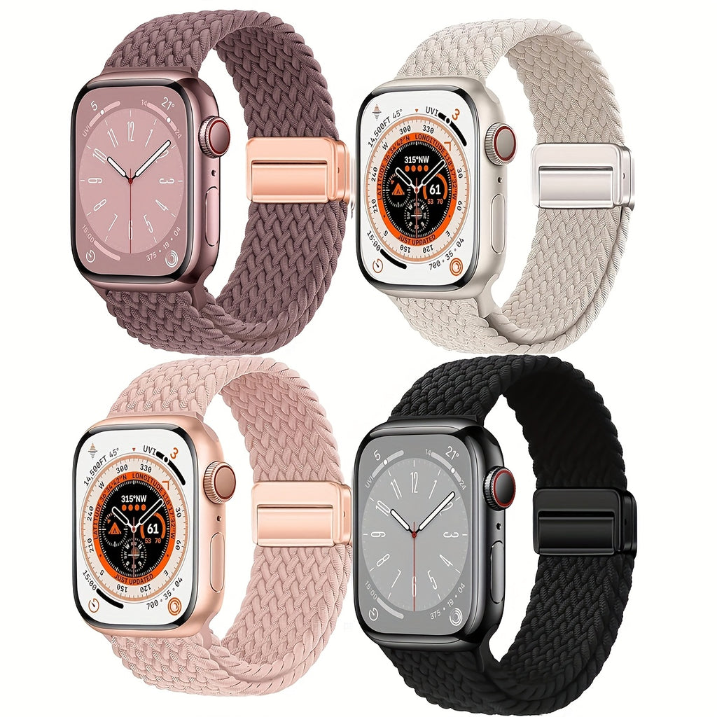 4 Pack Braided Metal Magnetic Buckle Band Compatible with Apple Watch WomenMen 49mm 46mm(2024 $eries 10) 45mm 44mm 42mm, Stretchy Nylon Sport LoopStrap for lWatch Ultra 2/1 Series 10 9 8 SE7 6 5 4 3 2 1