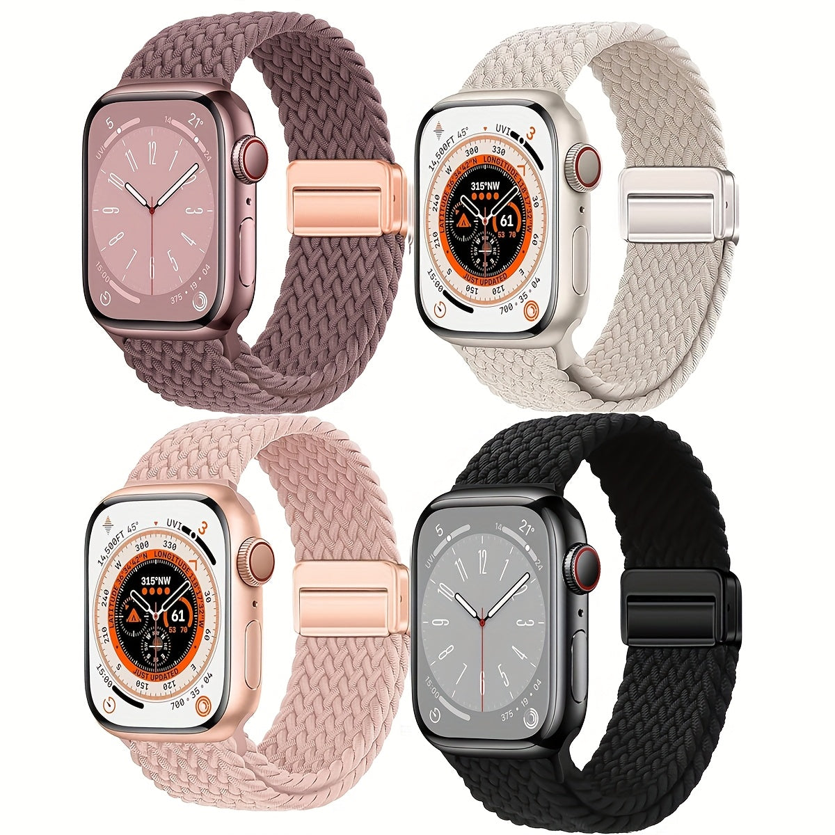 4 Pack Braided Metal Magnetic Buckle Band Compatible with Apple Watch WomenMen 49mm 46mm(2024 $eries 10) 45mm 44mm 42mm, Stretchy Nylon Sport LoopStrap for lWatch Ultra 2/1 Series 10 9 8 SE7 6 5 4 3 2 1