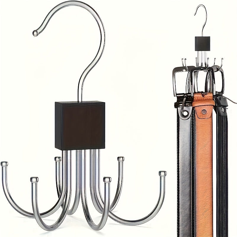 1pc Rotating Wooden Multi-Functional Large Capacity Belt Rack - Unfinished Steel Hooks for Belts, Bras, Tank Tops, Ties, Scarves - Fashionab