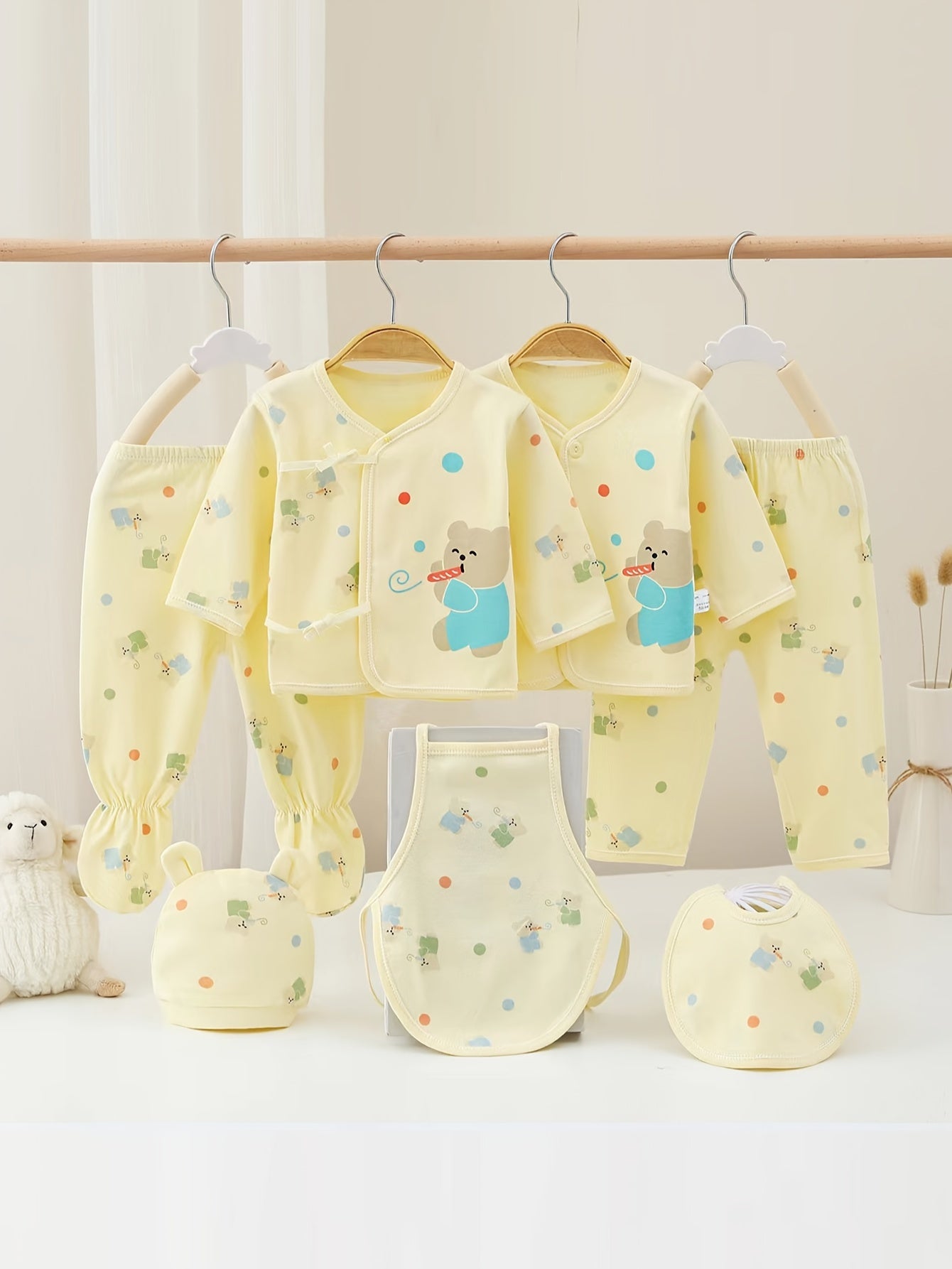 All-Year Comfy & Cute Baby Girl's 7-Piece Cotton Set: Lovely Bear & Rabbit Cartoons, Easy Care, Versatile Wear