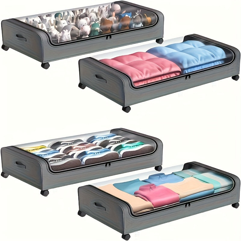 Large Capacity Under Bed Storage Organizer with Wheels and Clear Lid – Metal Rectangular Container for Clothes, Toys, Shoes, Blankets, and Books – Multi-Purpose Zippered Organizer for Efficient Home Storage, Versatile Storage Solution | Rectangular Shape