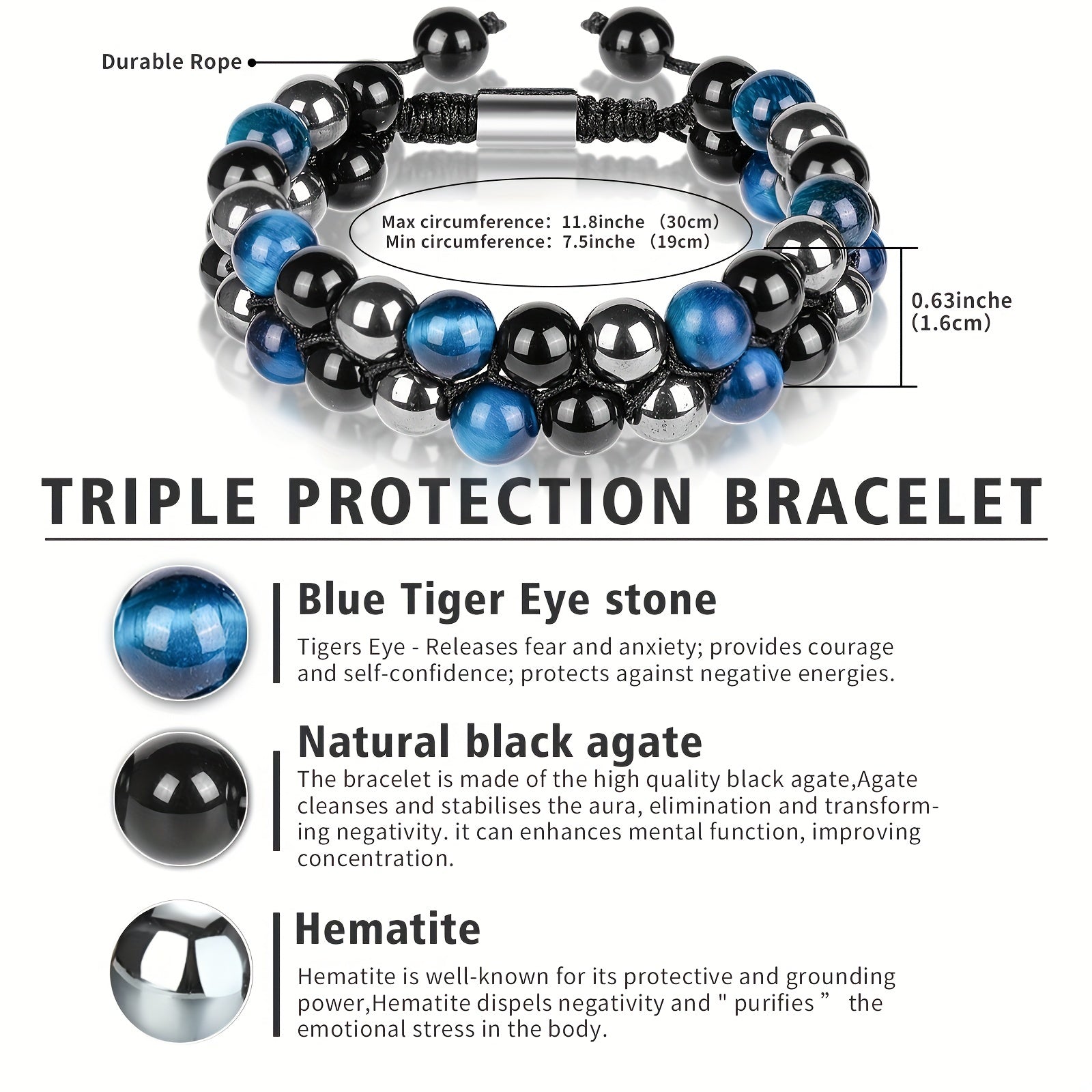 Triple Protection Bracelet 8/10MM Hematite Black Agate Tigers Eye Stone Bracelet Healing Crystal Natural Stone Bead Bracelets For Men Bring