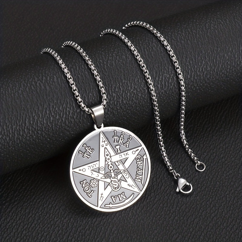 1pc Stainless Steel Angel Amulet Disc Pentagram Seal Label Symbol Graphic Pendant Necklace, Trendy Amulet Jewelry For Men And Women