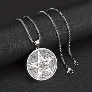 1pc Stainless Steel Angel Amulet Disc Pentagram Seal Label Symbol Graphic Pendant Necklace, Trendy Amulet Jewelry For Men And Women