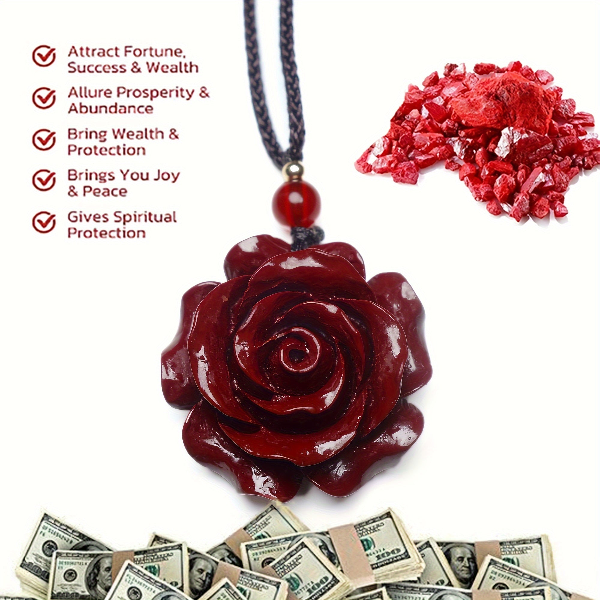 Natural Cinnabar Double Sided Carved Rose Necklace Pendant Good Luck Necklace