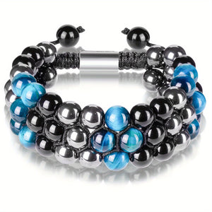 1pc Three Row Hand Braided Natural Stone Bracelet Blue Tiger Eye+Magnetite+Black Onyx, Adjustable Universal Bracelet For Men & Women, Versat