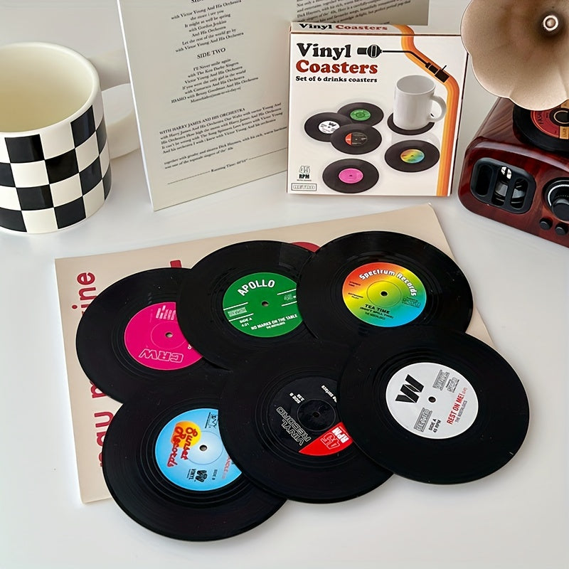 6pcs, Coasters, Vinyl Record Coasters, Creative Retro Classic Nostalgic American Rock CD Non-slip Insulation Pads, Heat Insulation Table Mat