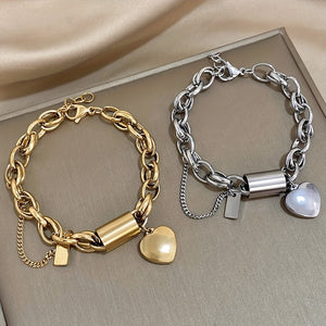 Punk Chunky Gold Color Thick Chain Stainless Steel Bracelets Fashion Design Heart Love Pendant Wrist JewelryNew Year's Gifts Valentine's Day