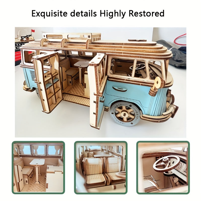 Blue Wooden Puzzle Camping Car, Wooden Car Model, Assembled 3d Three-dimensional Building Block Toys, Educational Toys, Car Series