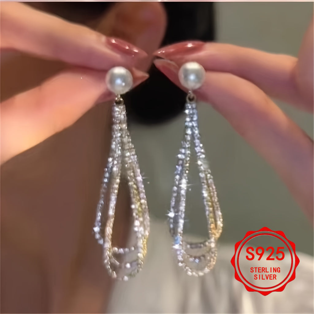 Pair of S925 Silver Pendant Earrings, Inlaid with Artificial Imitation Pearl and Sparkling Tassel Design, Make a Stylish and Luxurious Jewel