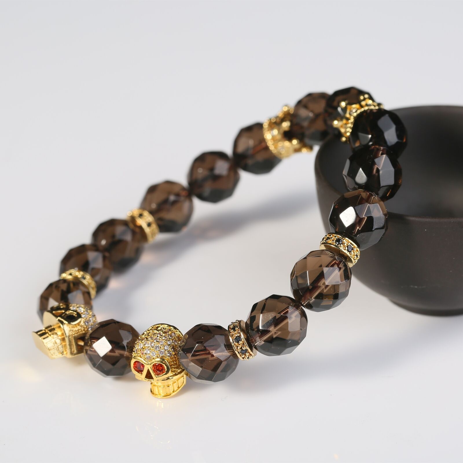 Bracelets Men Fashion Jewelry Twin Skulls Smoky Quartz Citrine Healing Gothic