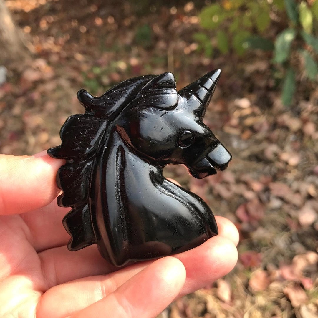 60mm Hand Carved Black Obsidian Unicorn Protection Stone Crystal Animal Crystal Healing Crystal Reiki