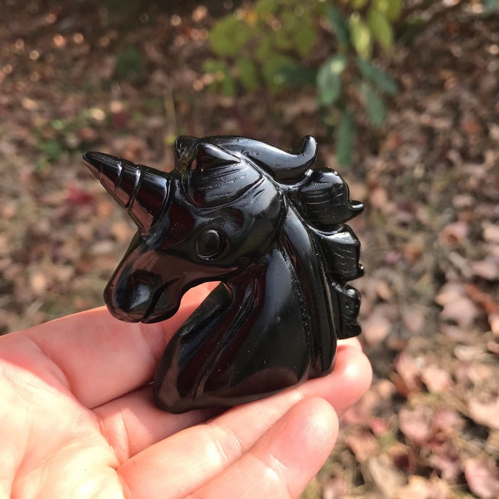 60mm Hand Carved Black Obsidian Unicorn Protection Stone Crystal Animal Crystal Healing Crystal Reiki