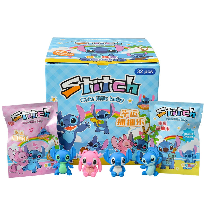 32Pcs/Set Blind Box Anime Sanrio CapyBara Labubu Stitch Figure Cartoon Eraser Model Doll Toy For Children's Gift