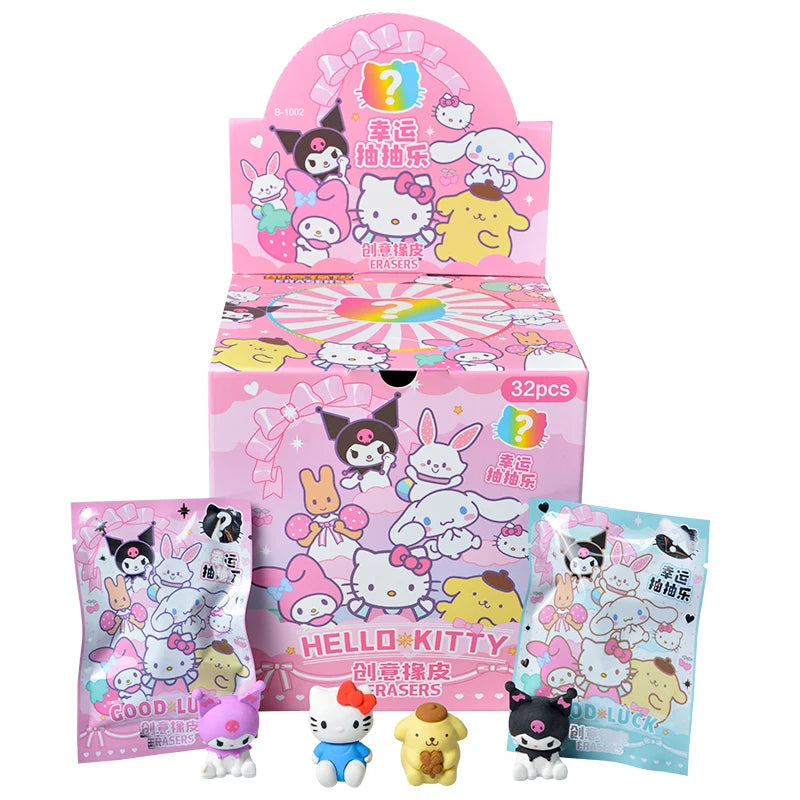 32Pcs/Set Blind Box Anime Sanrio CapyBara Labubu Stitch Figure Cartoon Eraser Model Doll Toy For Children's Gift