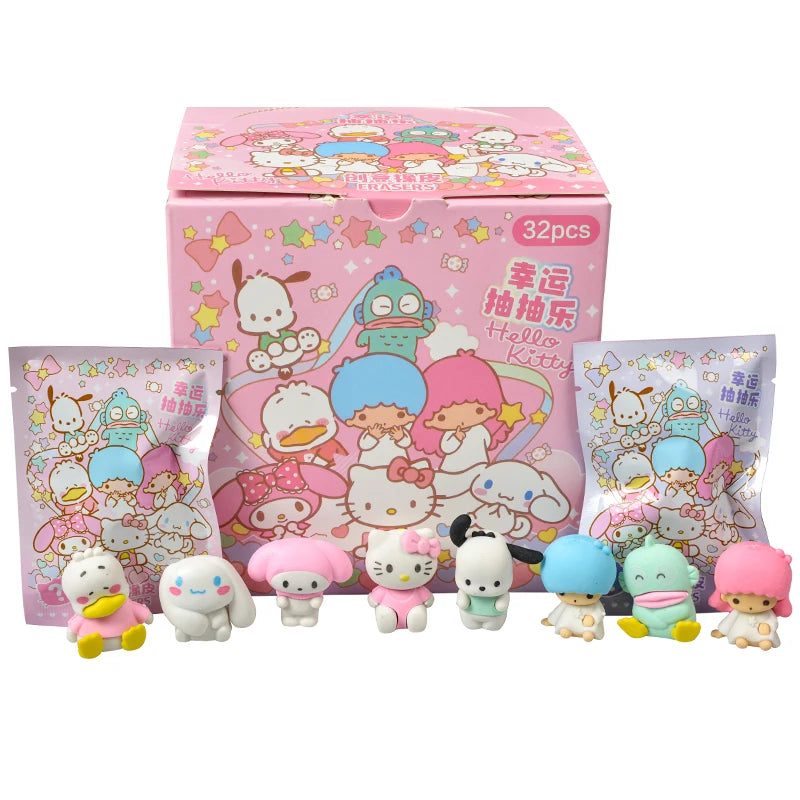 32Pcs/Set Blind Box Anime Sanrio CapyBara Labubu Stitch Figure Cartoon Eraser Model Doll Toy For Children's Gift