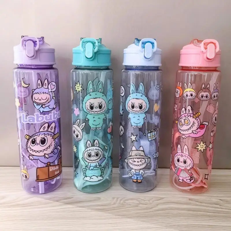 Cute Labubu Water Cup High-Capacity Anime Portable Children Plastic Straw Cup Cartoon Outdoor Sports Large Capacity Water Bottle