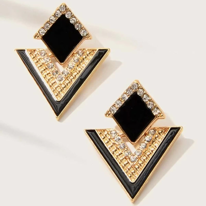 Geometric Black Rhinestones Drop Dangle Earrings 18K Gold Plated Jewelry For Women Decor